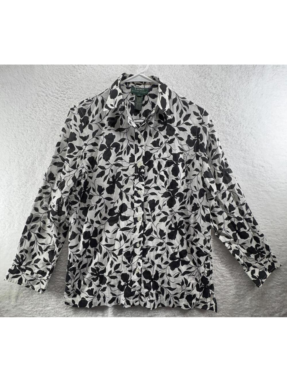 Lauren Ralph Lauren Button-Up Blouse Womens Small Black White Floral Print